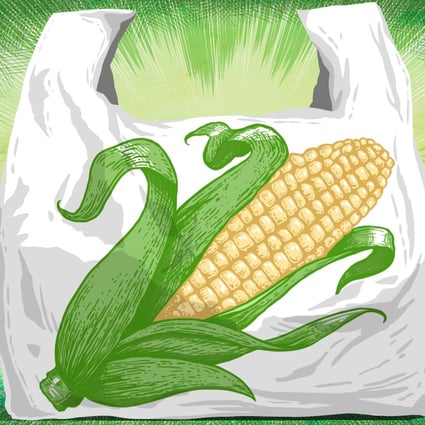 Chinese companies are slowly but steadily increasing their output of biodegradable plastics from agricultural sources such as corn and sugar cane. Illustration by Lau Ka-kuen