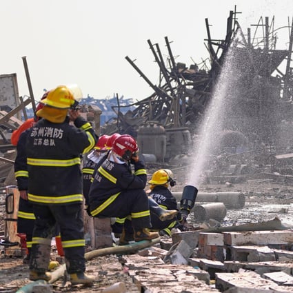 Firefighters work on the rubble of a pesticide plant owned by Jiangsu Tianjiayi Chemical following an explosion in Xiangshui county, Yancheng, Jiangsu province, last week. Photo: Reuters