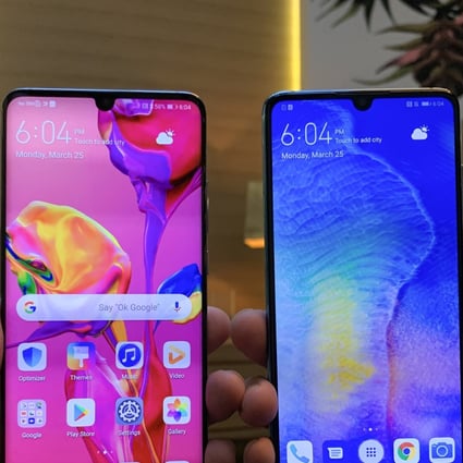 The Huawei P30 Pro (left) and the P30. Both models have an improved triple-lens main camera on the rear that set a new bar for smartphone zoom photography. The P30 Pro has a fourth sensor which functions as a 3D scanner. Photo: Ben Sin