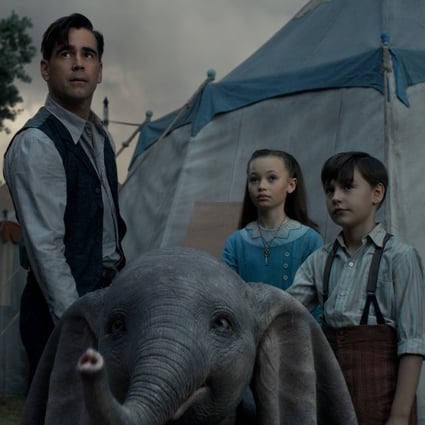Colin Farrell, Nico Parker and Finley Hobbins in Dumbo, directed by Tim Burton and also starring Michael Keaton and Danny DeVito.