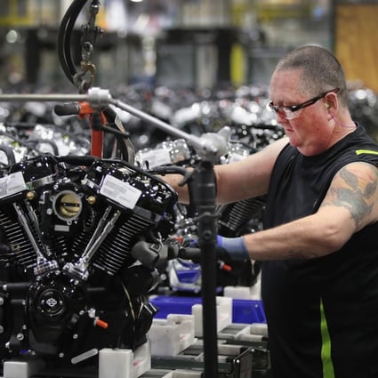 Harley-Davidson motorcycle engines are assembled at the company’s plant in Menomonee Falls, Wisconsin, in June 2018. US manufacturing activity continues to expand. Photo: AFP
