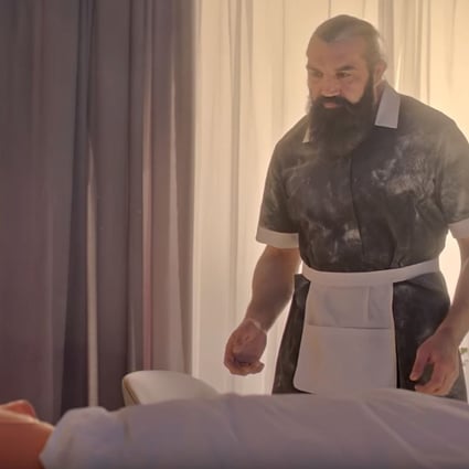 Sebastien Chabal, dressed as a French maid, acting as a human alarm clock. Bravo to the Marriott International Asia-Pacific for pulling off this commercial. Photo: YouTube