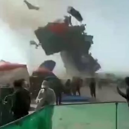 The bouncy castle was blown into the air by a “dust devil” – a vertical whirlwind similar to a tornado. Photo: Weibo