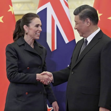 New Zealand Prime Minister Jacinda Ardern shakes hands with Chinese President Xi Jinping before their meeting at the Great Hall of the People on Monday. Photo: EPA-EFE