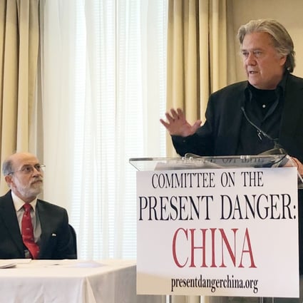 Steve Bannon, watched by Frank Gaffney, speaks at the launch of the latest iteration of the Committee on the Present Danger last month. Photo: Robert Delaney