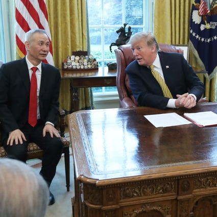 US President Donald Trump with China's Vice-Premier Liu He in the Oval Office of the White House in Washington at the start of April. Photo: Reuters