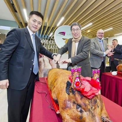 Two roast pigs were used in the ceremony to mark the opening of CityU’s vet centre. Photo: Facebook