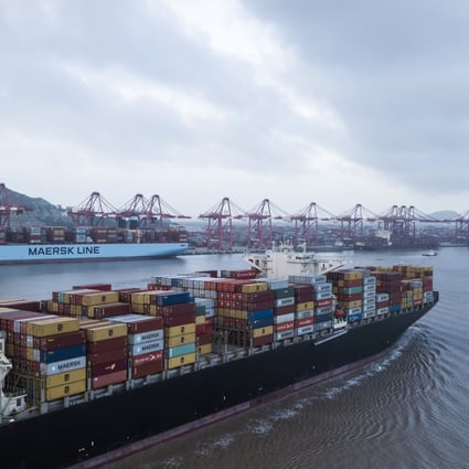 The Soro Enshi container ship, operated by AP Moller-Maersk at the Yangshan deep water port in Shanghai on Tuesday, July 10, 2018. Photo: Bloomberg