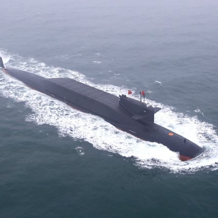 A Chinese nuclear submarine takes part in the naval parade on Tuesday. Photo: Xinhua