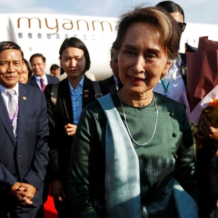 Myanmar’s State Counsellor Aung San Suu Kyi arrives at Phnom Penh International Airport in Cambodia on April 29. Photo: Reuters