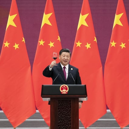 Chinese President Xi Jinping proposes a toast during a welcome banquet for leaders attending the Belt and Road Forum on Friday. Photo: Kyodo