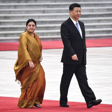 China's President Xi Jinping and his Nepali counterpart Bidhya Devi Bhandar at the Great Hall of the People in Beijing during the Belt and Road Forum gathering. Photo: AFP
