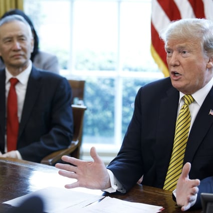 Chinese Vice-Premier Liu He with US President Donald Trump inside the Oval Office of the White House in Washington in April. Photo: EPA