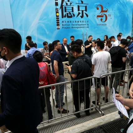 Potential buyers queue up for Billion Development and Project Management’s flats at Centra Horizon in Pak Shek Kok, Tai Po, on April 27, 2019. Photo: Jonathan Wong