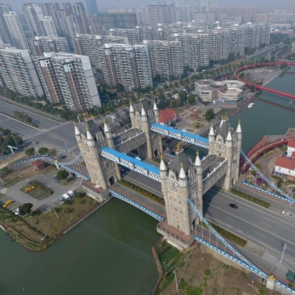 A bridge modelled on London's Tower Bridge in Suzhou, in China's eastern Jiangsu province. New home prices rose in 67 out of the 70 cities monitored by China’s National Bureau of Statistics in April. This prompted the housing ministry to warn four cities, including Suzhou, that they were showing signs of overheating. Photo: AFP