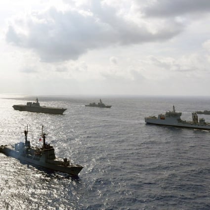 Ships from four nations – the Philippines, US, Japan and India – sail together in the South China Sea during a training exercise on May 9. Photo: Handout