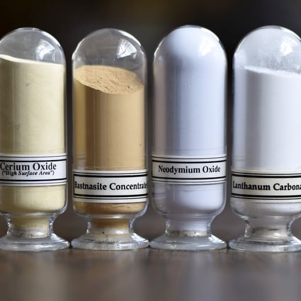 From left, samples of rare earth minerals: cerium oxide, bastnasite, neodymium oxide and lanthanum carbonate. China, the world’s largest exporter of rare earth minerals, may restrict exports to the US as part of the protracted trade war. Photo: Reuters