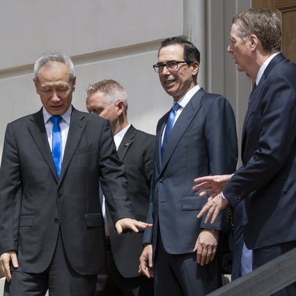 Chinese Vice-Premier Liu He says goodbye to US Treasury Secretary Steven Mnuchin (centre) and Trade Representative Robert Lighthizer after negotiations in Washington on May 10 – but the talks may already have been doomed. Photo: EPA-EFE