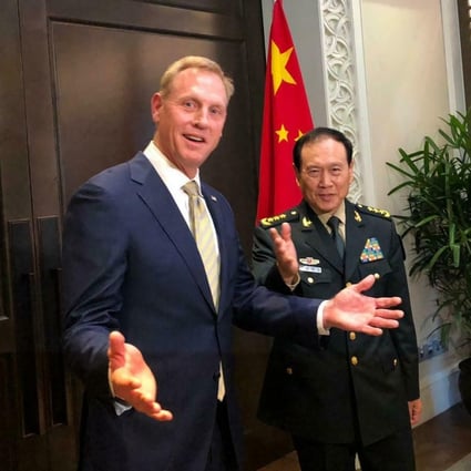 Acting US Defence Secretary Patrick Shanahan meets Chinese Defence Minister Wei Fenghe on the sidelines of the Shangri-La Dialogue in Singapore on Friday. Photo: AP
