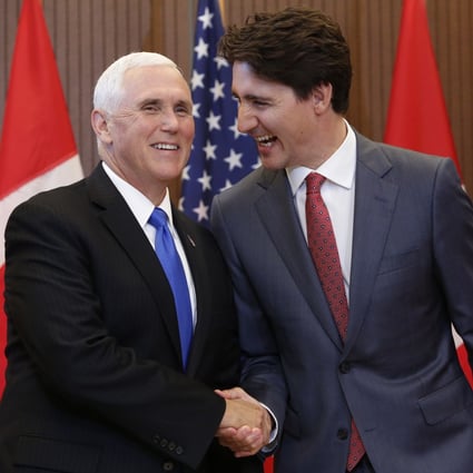 US Vice-President Mike Pence (left) assures Canadian Prime Minister Justin Trudeau that the bilateral relationship has never been stronger during his visit to Ottawa on Thursday. Photo: Bloomberg