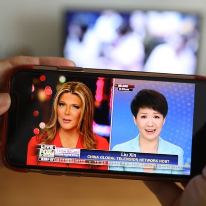 Fox Business anchor Trish Regan (left) and CGTN’s Liu Xin, face off in trade war debate on a smartphone in Beijing. Photo: Simon Song