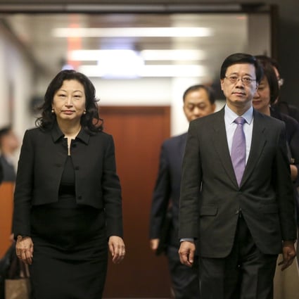 Secretary for Justice Teresa Cheng and Secretary for Security John Lee Ka-chiu arrive for a special meeting of the Legislative Council’s panel on security. Photo: Wilson Wong