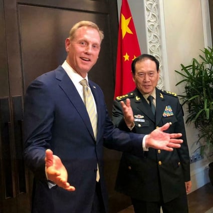 Acting US Secretary of Defence Patrick Shanahan (left) and Chinese Defence Minister Wei Fenghe meet on the sidelines of the Shangri-La Dialogue in Singapore on May 31. Photo: AP
