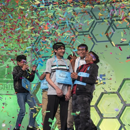 The eight champions celebrate after winning the 2019 Scripps National Spelling Bee contest. Photo: EPA