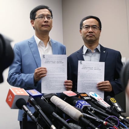 Ip Kin-yuen and Fung Wai-wah, of the Professional Teachers’ Union (PTU), call on members to join Wednesday’s protest against the extradition bill. Photo: Winson Wong