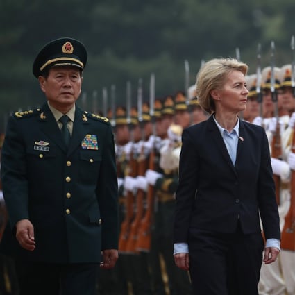 Chinese Minister of National Defence General Wei Fenghe accompanies his German counterpart, Ursula von der Leyen, on an honour guard review during her visit to Beijing in October. Photo: AFP
