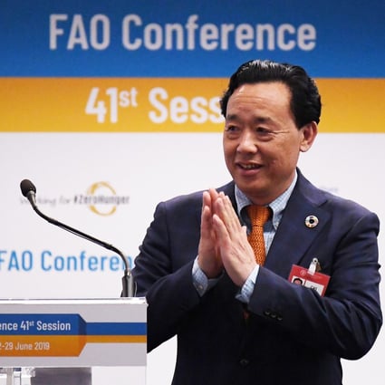 Qu Dongyu after his election as the director general of the United Nations Food and Agriculture Organization in Rome, Italy, on Sunday. Photo: Xinhua