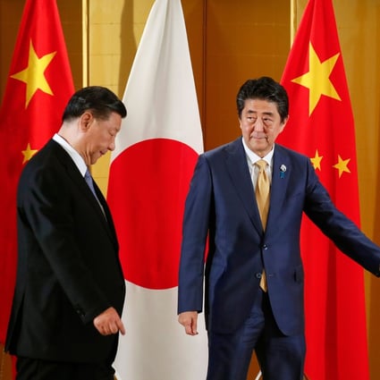 President Xi Jinping (left) with Prime Minister Shinzo Abe at the start of their talks in Osaka. Photo: AFP