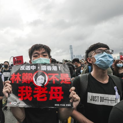 A young protester in Tamar holds a placard that says “Carrie Lam is not my mother”. Photo: Sam Tsang