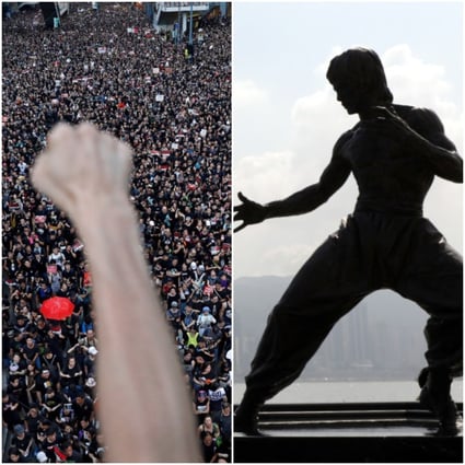Protesters march in Hong Kong against an extradition bill. A number have been channelling the spirit of Bruce Lee, whose statue is seen in Tsim Sha Tsui. Photos: AFP/Sam Tsang