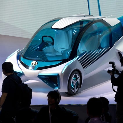 A Toyota hydrogen fuel-cell concept car, the Toyota FCV PLUS, is displayed ahead of the Auto China auto show in Beijing on April 24, 2016. Photo: AP