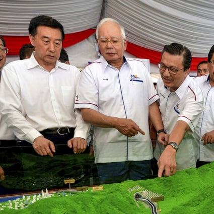 Najib Razak, Malaysia’s former prime minister, looks at a model of the China-backed East Coast Rail Link project. Photo: AP