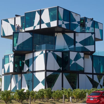 The d’Arenberg Cube, which resembles an unsolved Rubik’s Cube and houses a tasting room and a restaurant, in South Australia’s McLaren Vale. Photo: Peter Neville-Hadley