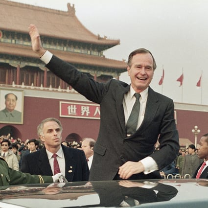 George HW Bush pictured on a visit to Beijing as president. His son suggested that the United States should adopt his father’s approach to China. Photo: AP