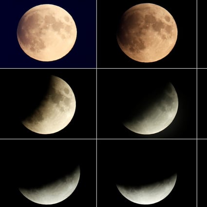 A combination of pictures shows the moon as it enters a partial lunar eclipse, called a “half blood moon”, on Wednesday. Another seven eclipses will occur between now and 2028, and will be visible in different parts of Asia. Photo: Reuters