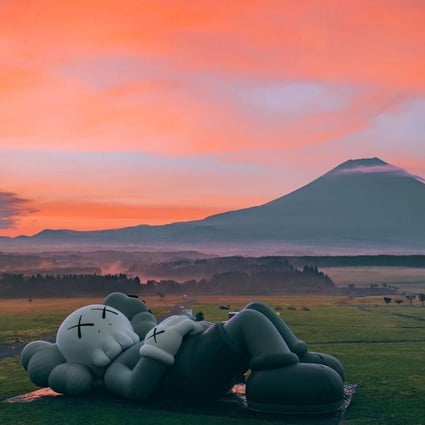 The Kaws:Holiday art installation, featuring a 40-metre-tall version of pop artist Kaws’ signature character, Companion, arrived at a camping site near Mount Fuji, Japan on Thursday, where it will stay until Wednesday. Photo: Instagram, @kaws