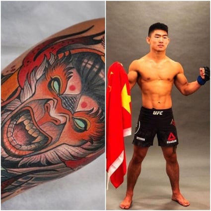 Song Yadong’s tattoo on his left leg. The fighter poses (right) before his win against Renato Moicano. Photos: Instagram/@songyadong