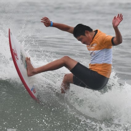 Japan's Taiki Karube competes in the Tokyo 2020 Olympic Games test event at Tsurigasaki Surfing Beach in Chiba. Photo: AFP