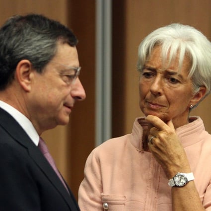 International Monetary Fund managing director Christine Lagarde (right) will replace Mario Draghi (left) as president of the European Central Bank in November. Draghi has all the qualifications to replace Lagarde at the IMF also, were it not for the organisation’s age limit. Photo: EPA