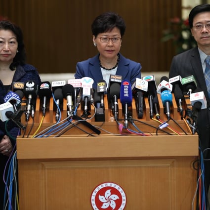 From left, Secretary for Justice Teresa Cheng Yeuk-wah, Chief Executive Carrie Lam Cheng Yuet-ngor, and Secretary for Security John Lee Ka-chiu at a June 10 press conference on the anti-extradition protests. Imagine if both secretaries had resigned to take responsibility for the fiasco before it got worse. Photo: Robert Ng