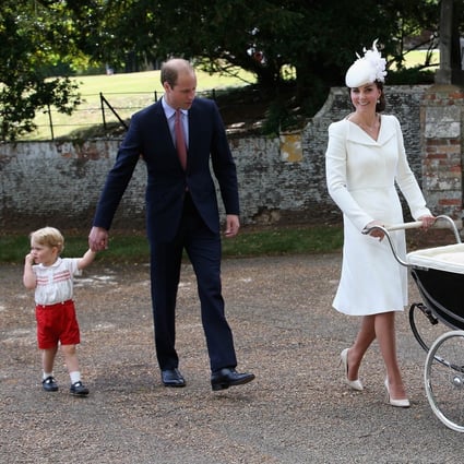A day in the country at St Mary Magdalene Church in Sandringham, England, for the Christening of Princess Charlotte of Cambridge (in her pram), with her father, Prince William, and mother, Catherine, Duchess of Cambridge, and brother, Prince George of Cambridge (left). Photo: AFP