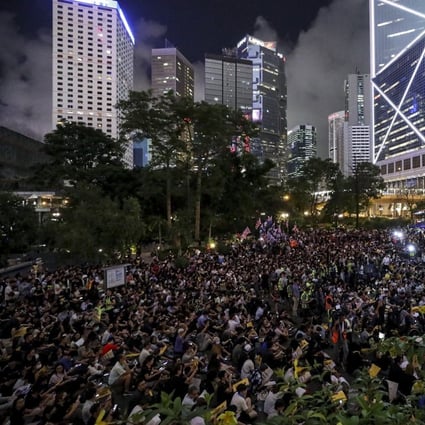 Extradition bill protesters at a rally organised by student groups at Chater Garden, Central on Friday night. Photo: Dickson Lee