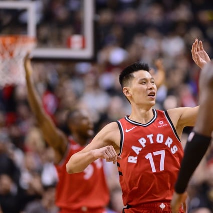 Toronto Raptors guard Jeremy Lin (No 17) celebrates a basket against the Washington Wizards. Photo: AP