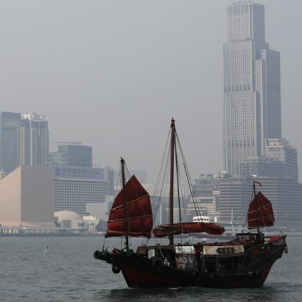 A traditional Chinese junk boat with red sails is navigating through murky waters near Hong Kong's skyline, with tall modern buildings shrouded in gray skies, indicating the impact of Tropical Storm Podul.