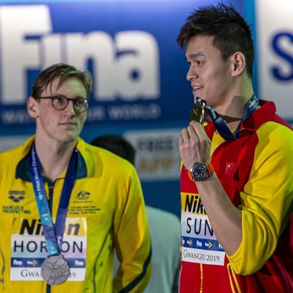 Mack Horton refuses to pose for pictures with Sun Yang after competing in the men’s 400 metres freestyle final at the 2019 Fina World Championships in Gwangju. Photo: EPA