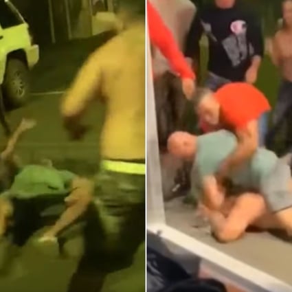 BJ Penn lies on the street after being knocked out (left). Later, the UFC legend finds the same man and rains punches down on his head. Photos: YouTube/TMZ Sports